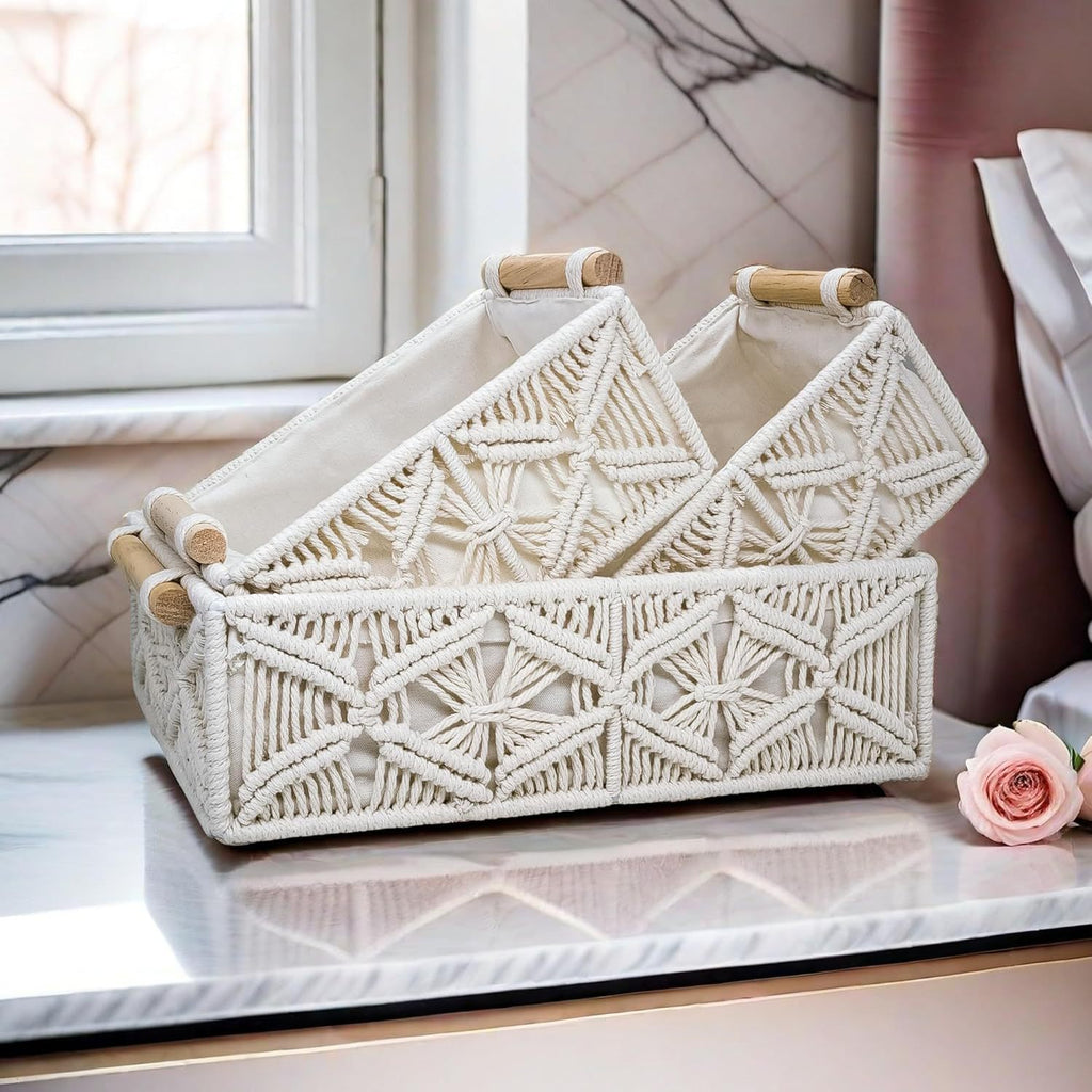 Boho Macrame Storage Basket Set with Wooden Handles