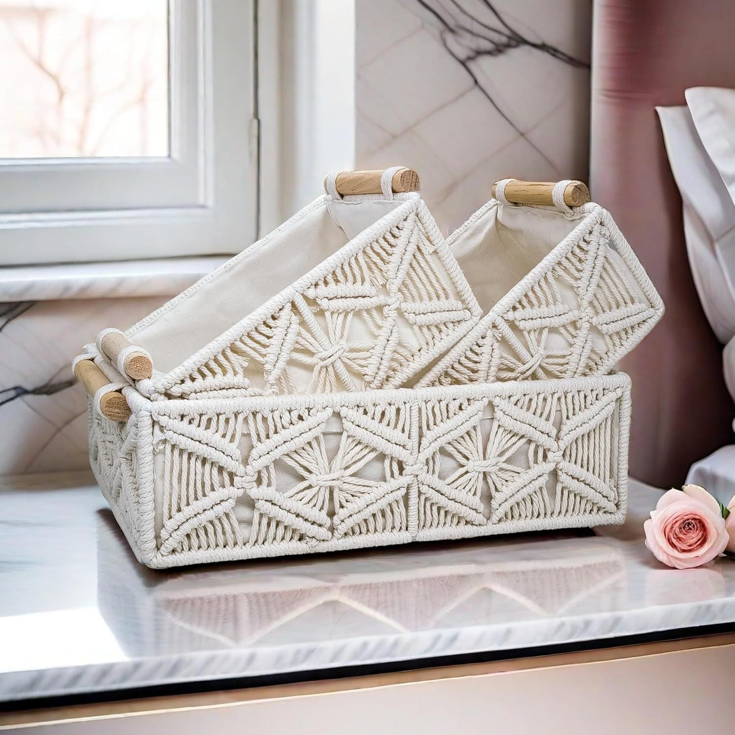 Boho Macrame Storage Basket Set with Wooden Handles