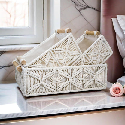 Boho Macrame Storage Basket Set with Wooden Handles