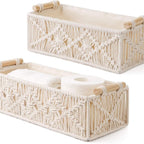 Boho Macrame Storage Basket Set with Wooden Handles