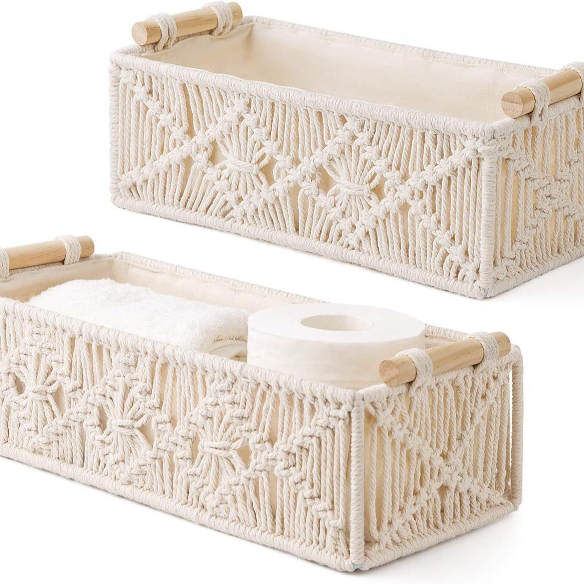 Boho Macrame Storage Basket Set with Wooden Handles