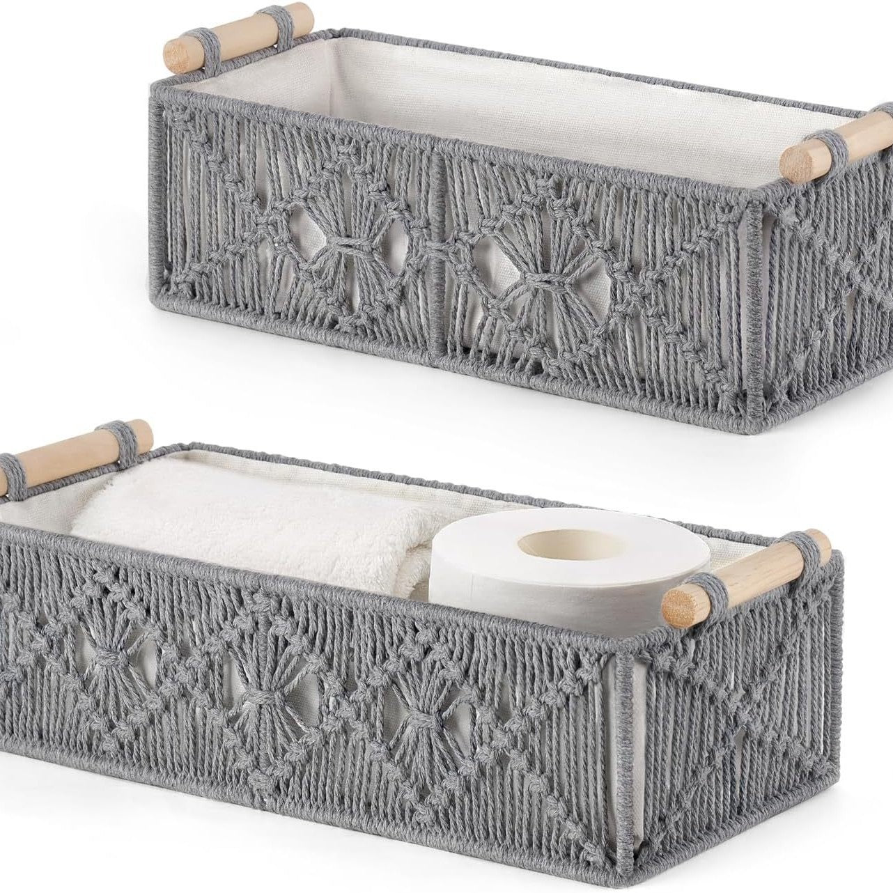 Boho Macrame Storage Basket Set with Wooden Handles