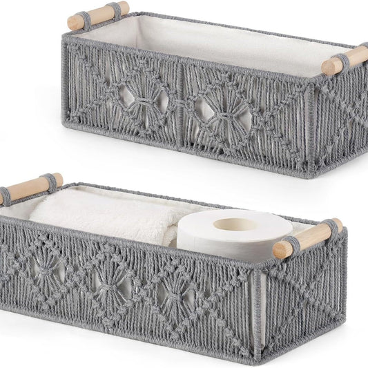 Boho Macrame Storage Basket Set with Wooden Handles