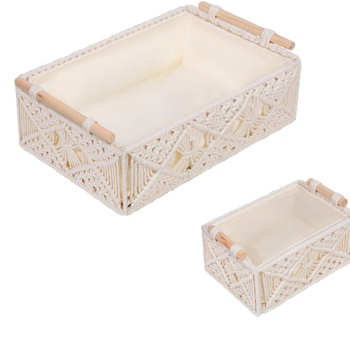 Boho Macrame Storage Basket Set with Wooden Handles